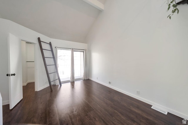 1418 W Telegraph Hill Dr, Taylorsville, UT 84123 - empty room featuring high vaulted ceiling, beamed ceiling, baseboards, visible vents, and dark wood-style flooring