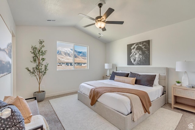 2398 E Cinder Ln, Eagle Mountain, UT 84005 - bedroom with lofted ceiling, baseboards, visible vents, a ceiling fan, and light carpet