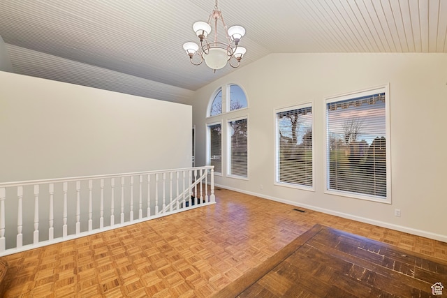 2532 E Maywood Dr, Salt Lake City, UT 84109 - empty room featuring baseboards, visible vents, high vaulted ceiling, and an inviting chandelier