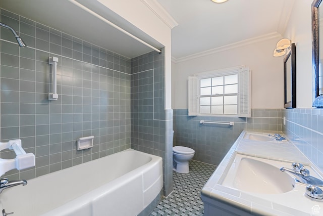 2532 E Maywood Dr, Salt Lake City, UT 84109 - bathroom with tile patterned flooring, crown molding, tile walls, toilet, and a sink
