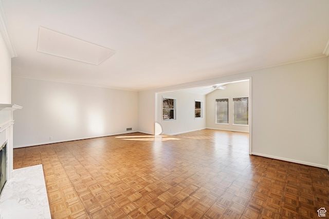 2532 E Maywood Dr, Salt Lake City, UT 84109 - unfurnished living room featuring a ceiling fan, a fireplace with flush hearth, and baseboards