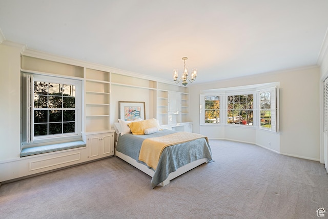 2532 E Maywood Dr, Salt Lake City, UT 84109 - carpeted bedroom featuring ornamental molding, a notable chandelier, and baseboards