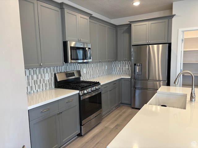 12038 S Middle Teton Dr Unit 134, Herriman, UT 84096 - kitchen with appliances with stainless steel finishes, gray cabinets, a sink, light wood-style flooring, and light countertops