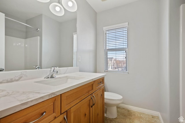 4988 W Currant Dr, South Jordan, UT 84009 - full bath featuring toilet, vanity, a shower, baseboards, and a chandelier