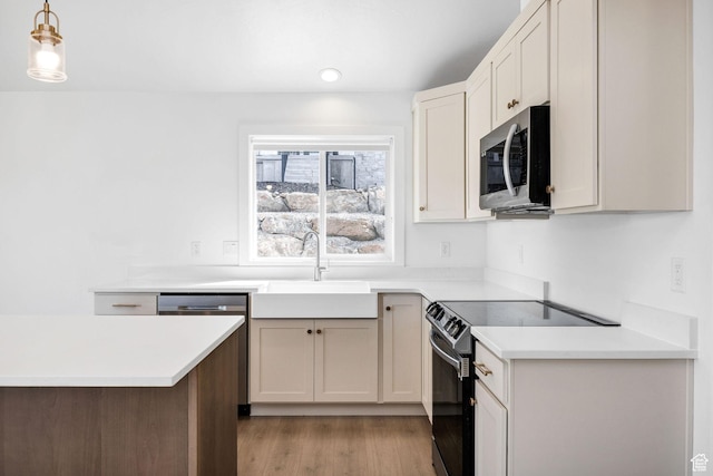 2023 E Mountain View Ln N, Logan, UT 84341 - kitchen with light countertops, appliances with stainless steel finishes, a sink, light wood-type flooring, and pendant lighting