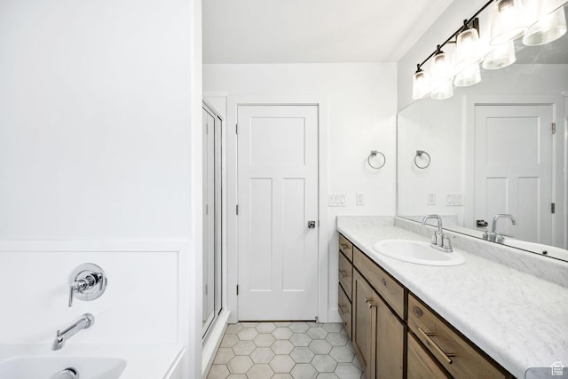 2023 E Mountain View Ln N, Logan, UT 84341 - full bathroom with a stall shower, a bath, tile patterned flooring, and vanity
