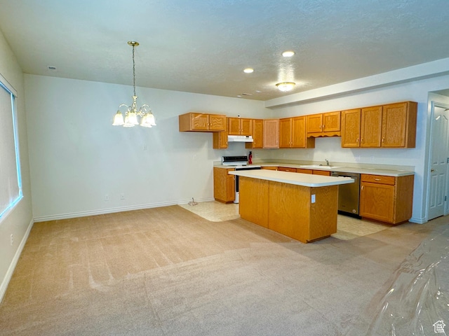 362 S Glen Cir, Fruit Heights, UT 84037 - kitchen featuring dishwasher, brown cabinets, a kitchen island, under cabinet range hood, and electric range