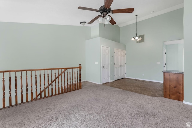 2522 W 500 S Unit 7, Springville, UT 84663 - carpeted empty room with baseboards, high vaulted ceiling, visible vents, and ceiling fan with notable chandelier