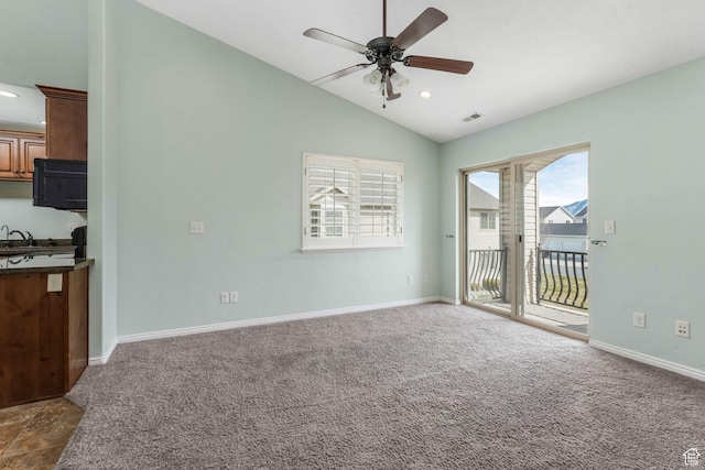 2522 W 500 S Unit 7, Springville, UT 84663 - interior space featuring vaulted ceiling, carpet, baseboards, visible vents, and a ceiling fan