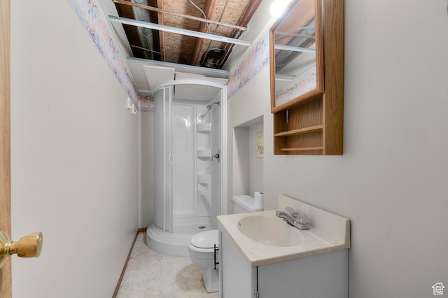 bathroom featuring a shower stall, toilet, and vanity