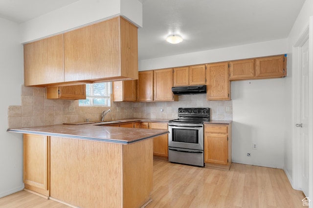 kitchen featuring under cabinet range hood, light wood finished floors, a peninsula, and stainless steel electric range