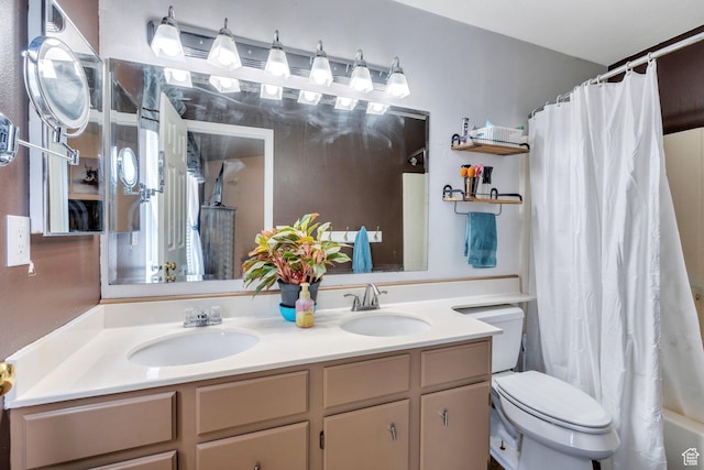 full bathroom featuring double vanity, a sink, toilet, and a shower with shower curtain