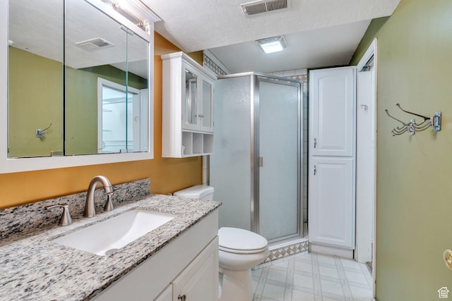full bath featuring a stall shower, tile patterned floors, toilet, vanity, and visible vents