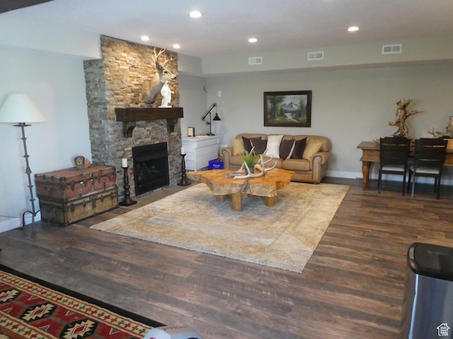 4613 W Brookport Cir S Unit V3-8, Herriman, UT 84096 - living area with wood finished floors, a stone fireplace, recessed lighting, and baseboards