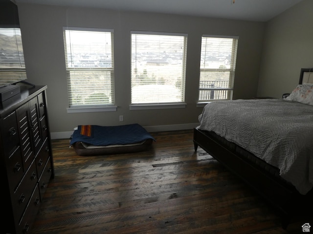 bedroom with dark wood-type flooring, baseboards, and multiple windows