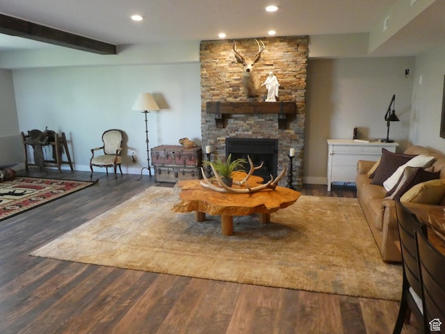 4613 W Brookport Cir S Unit V3-8, Herriman, UT 84096 - living area featuring wood finished floors, recessed lighting, a fireplace, baseboards, and beam ceiling