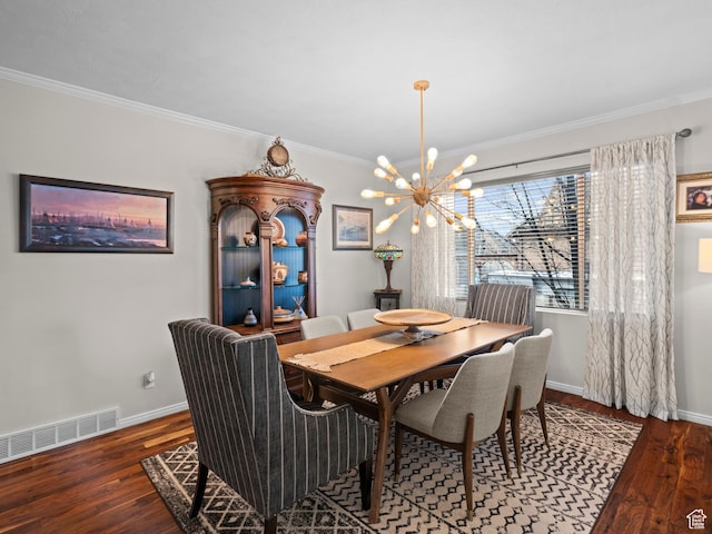 14526 Long Ridge Dr, Herriman, UT 84096 - dining space with an inviting chandelier, wood finished floors, ornamental molding, and visible vents