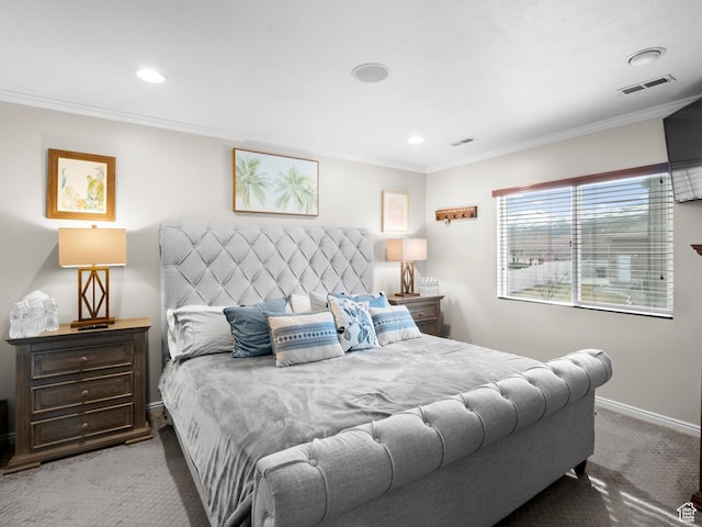 14526 Long Ridge Dr, Herriman, UT 84096 - carpeted bedroom with recessed lighting, crown molding, baseboards, and visible vents