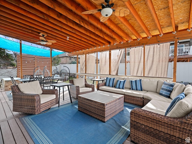 14526 Long Ridge Dr, Herriman, UT 84096 - wooden deck featuring outdoor lounge area, fence, outdoor dining space, and a ceiling fan
