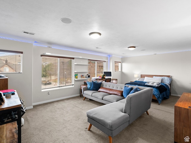 14526 Long Ridge Dr, Herriman, UT 84096 - bedroom featuring baseboards, visible vents, crown molding, and light carpet
