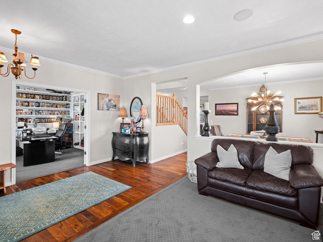 14526 Long Ridge Dr, Herriman, UT 84096 - living area with stairs, arched walkways, a chandelier, and wood finished floors