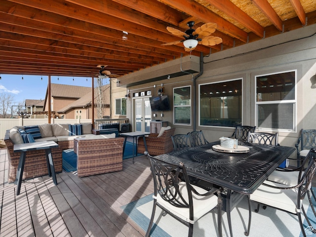 14526 Long Ridge Dr, Herriman, UT 84096 - wooden deck with outdoor lounge area, outdoor dining area, and a ceiling fan