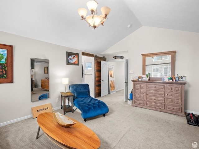 14526 Long Ridge Dr, Herriman, UT 84096 - sitting room featuring baseboards, light carpet, lofted ceiling, a barn door, and an inviting chandelier