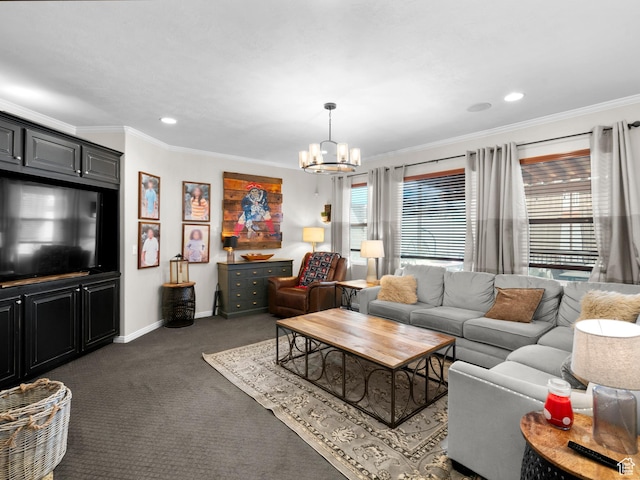 14526 Long Ridge Dr, Herriman, UT 84096 - carpeted living room featuring crown molding, baseboards, a chandelier, and recessed lighting