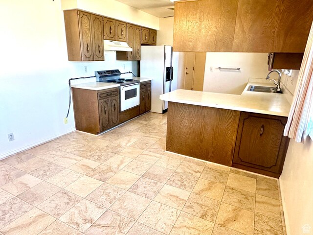 2662 W Toni Lee St, West Jordan, UT 84088 - kitchen featuring light countertops, under cabinet range hood, electric stove, a sink, and white refrigerator with ice dispenser