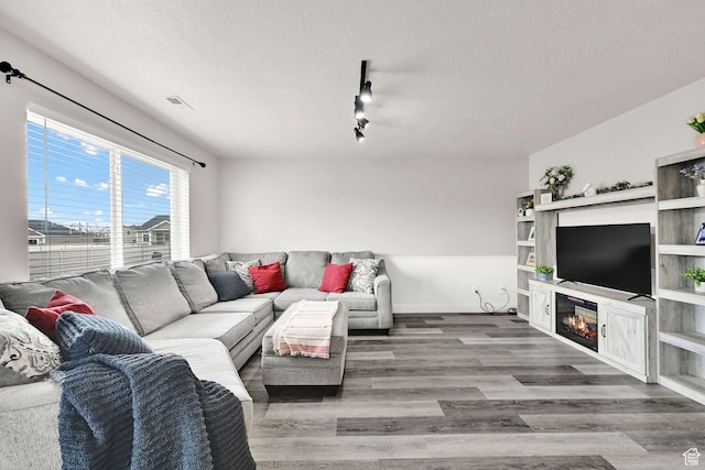 198 S 1130 E, Hyrum, UT 84319 - living room featuring a wainscoted wall, wood finished floors, a glass covered fireplace, a textured ceiling, and visible vents