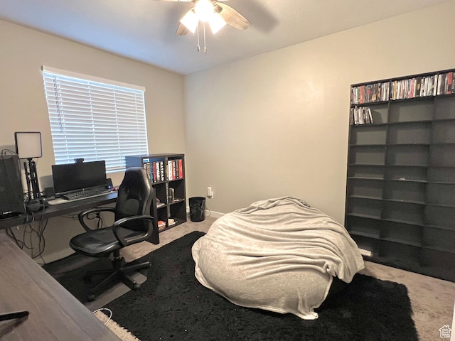 carpeted bedroom featuring a ceiling fan