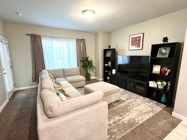 living room with baseboards and a textured ceiling
