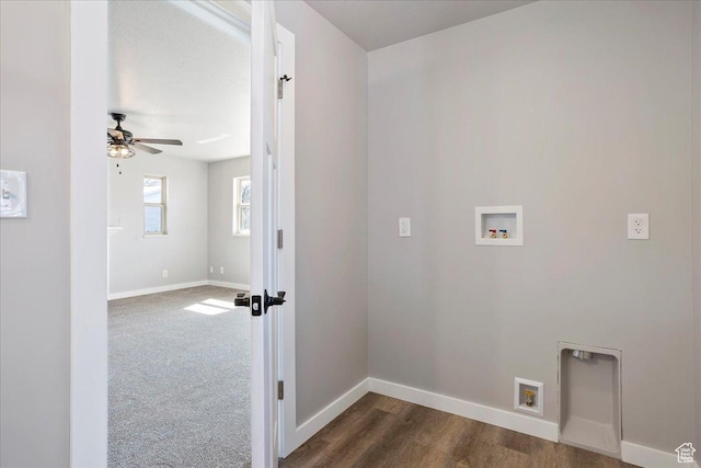washroom with dark carpet, washer hookup, laundry area, baseboards, and ceiling fan