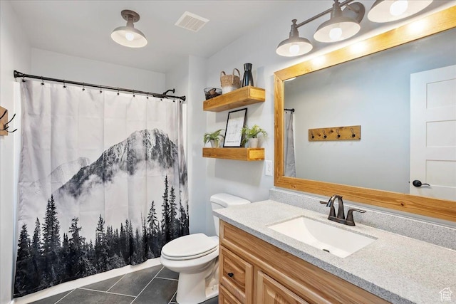 full bathroom with a shower with curtain, vanity, toilet, tile patterned floors, and visible vents