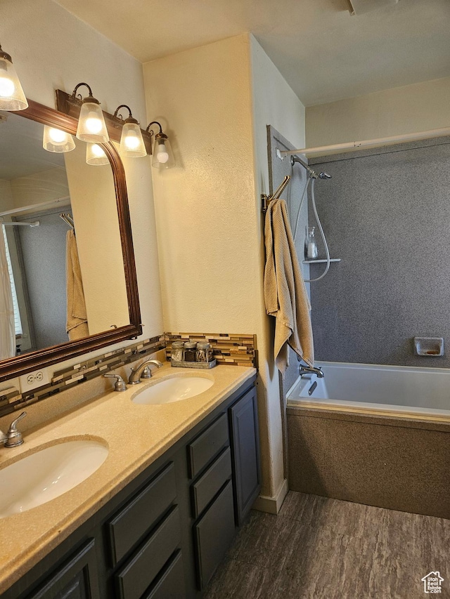 223 N 2520 W, Provo, UT 84601 - full bathroom with a sink, double vanity, wood finished floors, and  shower combination
