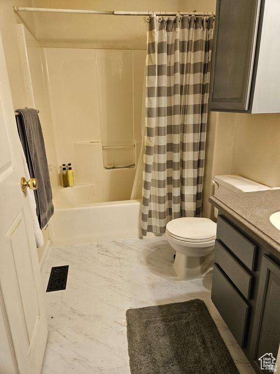 223 N 2520 W, Provo, UT 84601 - full bath featuring vanity, toilet, shower / bathtub combination with curtain, visible vents, and marble finish floor