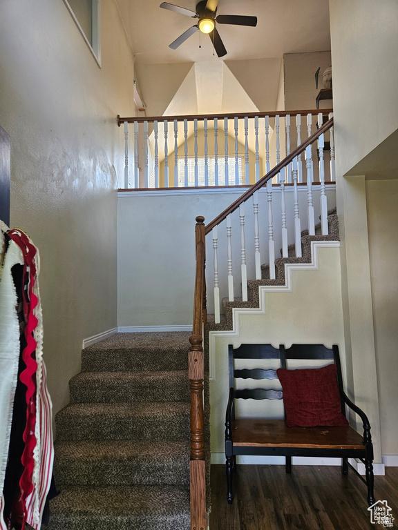 223 N 2520 W, Provo, UT 84601 - staircase with wood finished floors, ceiling fan, baseboards, and a towering ceiling