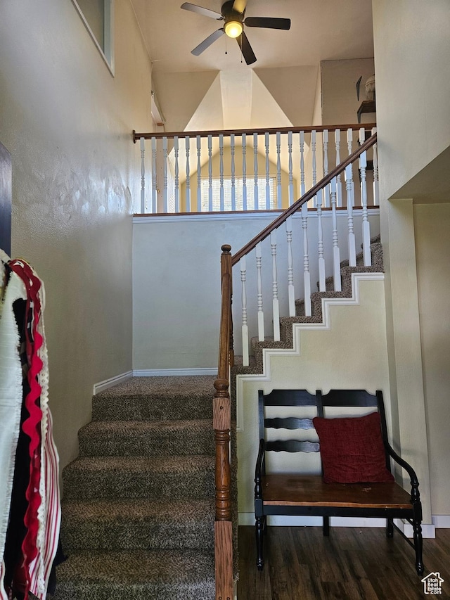 223 N 2520 W, Provo, UT 84601 - stairway with ceiling fan, a towering ceiling, wood finished floors, and baseboards
