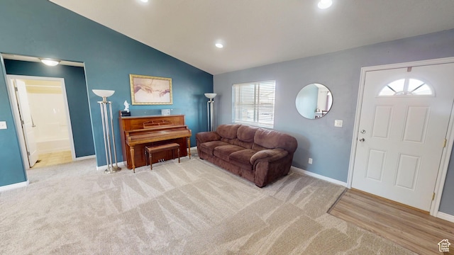 1451 W 925 S, Vernal, UT 84078 - carpeted living room with baseboards, vaulted ceiling, and recessed lighting