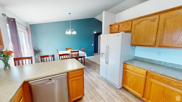 1451 W 925 S, Vernal, UT 84078 - kitchen featuring vaulted ceiling, a chandelier, dishwasher, light wood-style flooring, and white fridge with ice dispenser