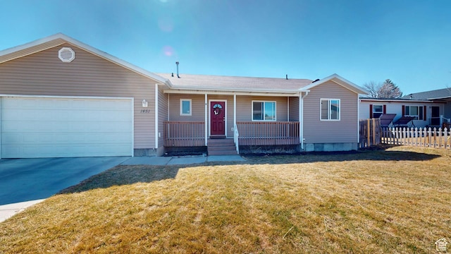 1451 W 925 S, Vernal, UT 84078 - ranch-style home featuring driveway, covered porch, an attached garage, fence, and a front lawn