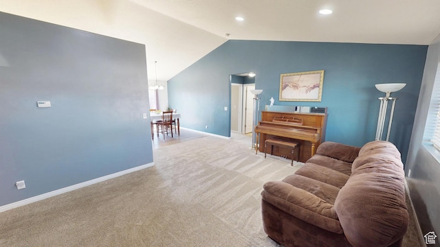 1451 W 925 S, Vernal, UT 84078 - living room with baseboards, recessed lighting, lofted ceiling, a notable chandelier, and light colored carpet