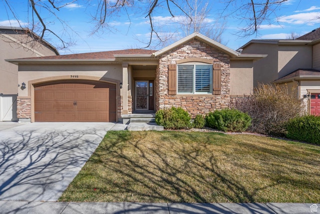 ranch-style house featuring stone siding, a front yard, stucco siding, and an attached garage