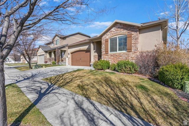 view of front of property featuring driveway, stucco siding, an attached garage, and stone siding