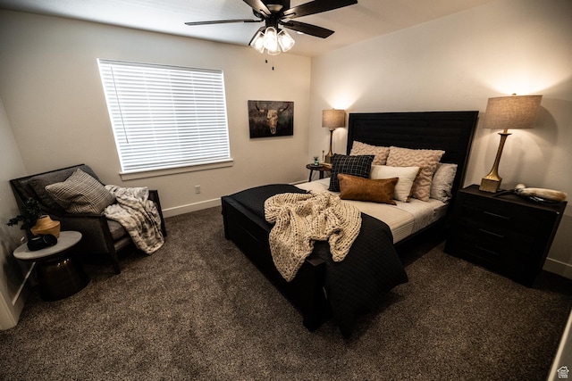 bedroom featuring carpet floors, baseboards, and a ceiling fan