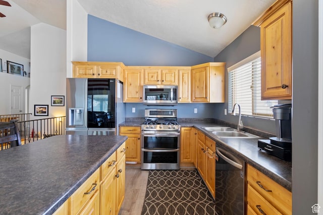 1519 N 2340 W, Clinton, UT 84015 - kitchen with a sink, dark wood-style floors, lofted ceiling, stainless steel appliances, and dark countertops