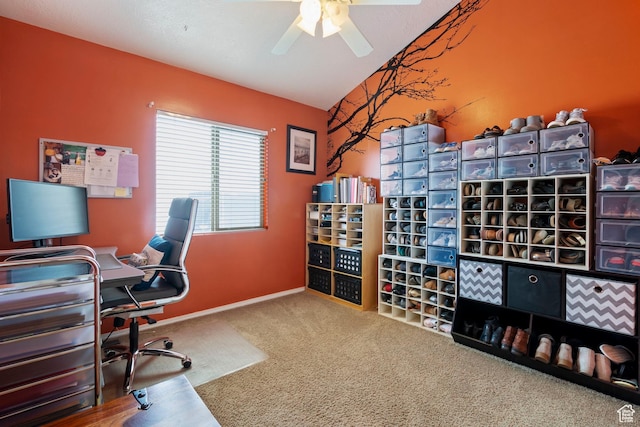 1519 N 2340 W, Clinton, UT 84015 - carpeted office featuring baseboards, lofted ceiling, and a ceiling fan