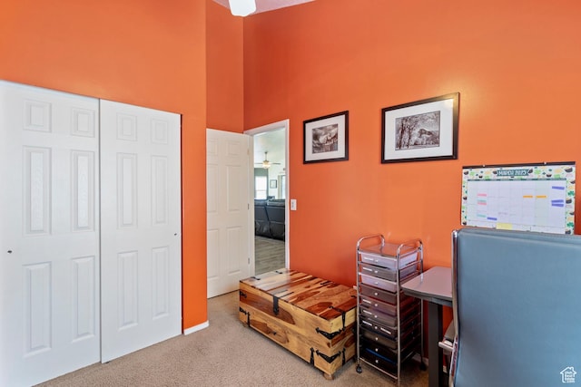 1519 N 2340 W, Clinton, UT 84015 - interior space featuring carpet floors, a high ceiling, and a ceiling fan