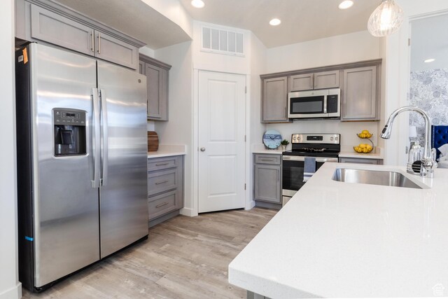 526 N Richland Valley St Unit 10, Garden City, UT 84028 - kitchen with visible vents, stainless steel appliances, a sink, light wood-style floors, and gray cabinetry