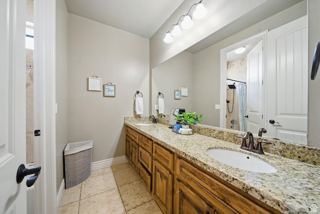 1637 E 2400 N, Layton, UT 84040 - bathroom featuring baseboards, double vanity, a sink, and curtained shower